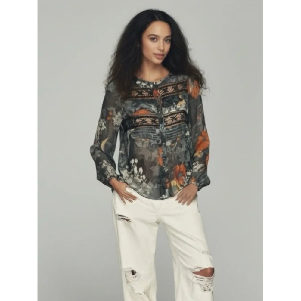 Anthropologie Meadow Rue Blouse Sz S Black Floral Shabby Chic Fairy Grunge